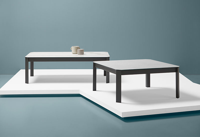 SALT coffee table. Ceramic top / steel legs. Square or rectangular.