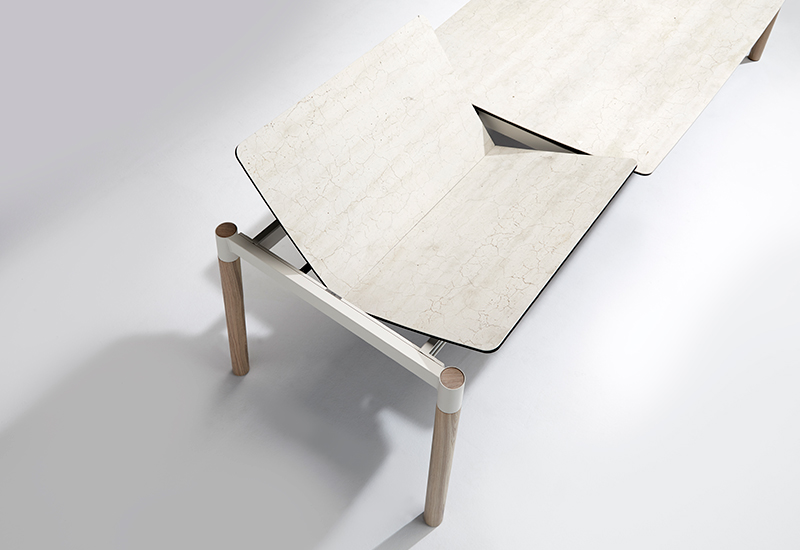 KOLN fixed or extendable dining table. Ceramic top / wood legs. Rectangular.