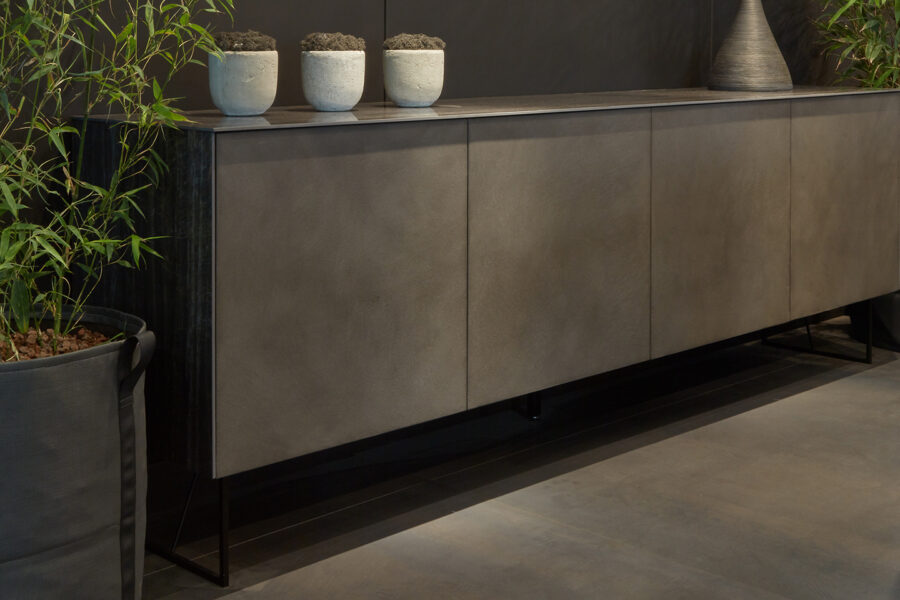 TRISS 4 doors sideboard. 240 x 48 x 72 cm. Made of ceramic or steel or decorative concrete. Prices start at 5790 CHF